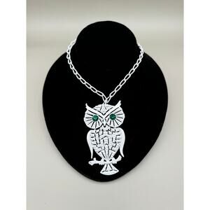 Vintage White Horned Owl with Emerald Rhinestone Eyes Pendant Necklace